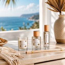 Set cadou aromaterapie Beach Escape , lumanare parfumata, difuzor cu betisoare si parfum de camera