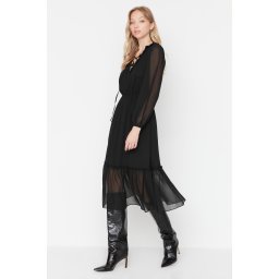 Trendyol Black Midi A-Line guler țesut dantelat șifon rochie țesută