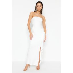 Rochie de seară lungă de seară Trendyol Ecru căptușită cu căptușeală de nuntă