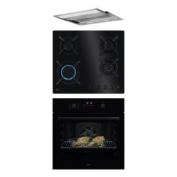 Pachet incorporabil AEG - Cuptor electric NBU5P41SK, 72 l, pirolitic + Plita pe gaz HKB64453NB, Gratare de fonta + Hota DPE5661G, 60 cm, 690 mc/h