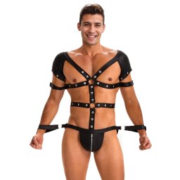 SuperLove Sexy Body Harness for Men with Zipped Crotch & Handcuffs 270 Black XL