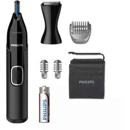 Trimmer pentru nas/urechi Philips NT5650/16, baterie, lavabil, utilizare umed si suscat, tehnologie Precision Trim, otel inoxidabil, pieptene pentru sprancene, 2 piepteni 3-5 mm, Negru