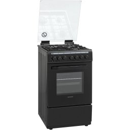 Aragaz Heinner HFSC-V60LITGC-BK, Mixt, 4 arzatoare, Aprindere electrica plita, Dispozitiv de siguranta plita, Cuptor electric, 6 functii, Timer, Grill, Duze GPL incluse, Tava si gratar cromat, 60 cm, Negru