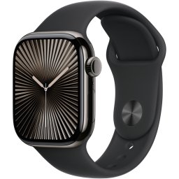 Apple Watch Series 10, GPS si Cellular, 42 mm, titan ardezie, ceas inteligent cu banda sport, fluoroelastomer, dimensiune banda S-M - 64 GB, Negru