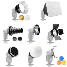Kit modificatoare lumina pentru blitz pe patina SGA-K9 – snoot, grid, beauty dish, globe diffuser, barndoor, softbox cu montura universala