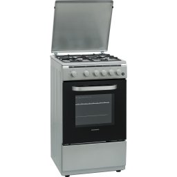 Aragaz Heinner HFSC-V60LITGSL, Gaz, 4 arzatoare, Aprindere electrica plita/cuptor, Dispozitiv de siguranta plita/cuptor, Timer, Grill, Lumina cuptor, 60 cm, Argintiu