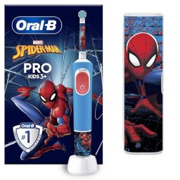 Periuta de dinti electrica Oral-B Pro Kids Spiderman pentru copii, Curatare 2D, 2 programe, 1 capat, 4 autocolante, trusa de calatorie, Albastru
