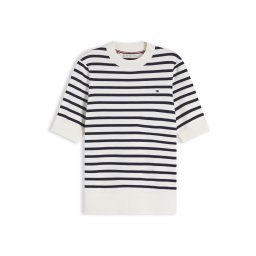 TOMMY HILFIGER Pulover 'Fine Short Sleeve' crem / bleumarin