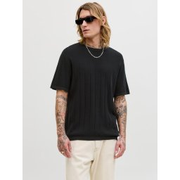 Jack & Jones Tricou barbati la baza gatuilui, din bumbac organic, Relaxed Fit, JJEBRADLEY, Negru (SELECTATI MARIMEA: M)