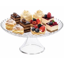 Platou elegant Pufo Cake din sticla cu picior pentru prajituri, mini torturi, fructe si aperitive
