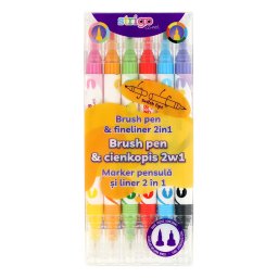 Evidentiator Strigo 2 in 1, pensula si liner, 6 buc/set, 12 culori