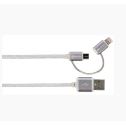 Cablu USB 2 in 1 SKross Steel Line cu Conector MicroUSB si Lightning 1m Argintiu
