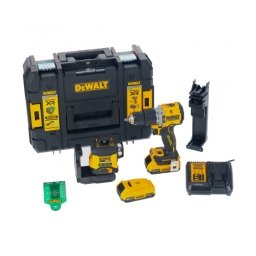 DeWalt - DCD805N + DCLE34031D1 - Masina de gaurit si insurubat cu percutie, 90 Nm + Nivela laser cu linii, 40 m, +/-0.3 mm/m, 3 linii laser, fascicul verde, proiectie 360 grade, suport perete, valiza plastic + Set 2 acumulatori si incarcator, Li-Ion, 18 V