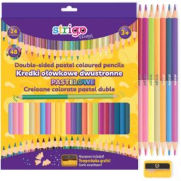 Creioane colorate duble, Strigo, 24 bucati, 48 culori Pastel, triunghiulare, cu ascutitoare SSC352