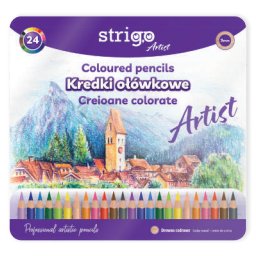 Creioane colorate Strigo, seria 'ARTIST', 24 culori, cutie metalica, lemn cedru SSC357