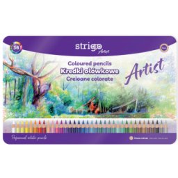 Creioane colorate Strigo, seria 'ARTIST', 36 culori, cutie metalica, lemn cedru SSC358