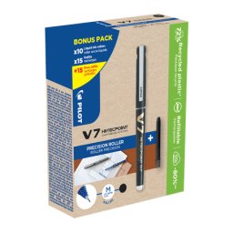 Set 10 rollere cu cerneala Pilot Begreen V7 negru 0.7 mm si 30 rezerve