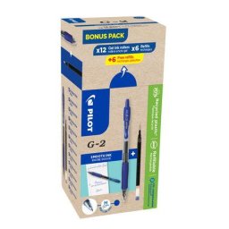 Set 12 rollere cu gel Pilot G2 albastru 0.7 mm si 12 rezerve