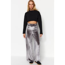 Trendyol Anthracite Pearl Velvet Wide Leg Tricotat Pantaloni