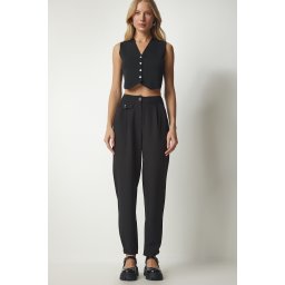 Fericire İstanbul Femei negru elegant țesut pantaloni cu nasturi