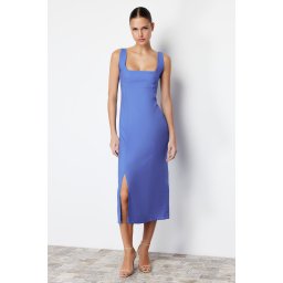 Trendyol Indigo A-line Square Collar Slit Strap Midi Woven Dress