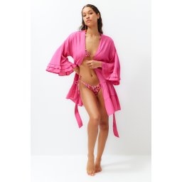 Trendyol Fuchsia Belted Mini Woven Ruffle Kimono&Kaftan