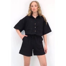 Trend Alaçatı Stili Woman's Black Double Pocket Shirt and Shorts Linen Set