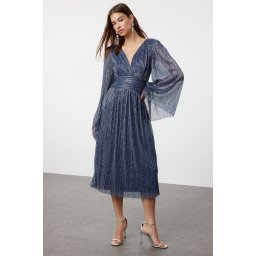 Trendyol Navy Blue A-Cut V-Neck Glittering Knitted Elegant Evening Dress