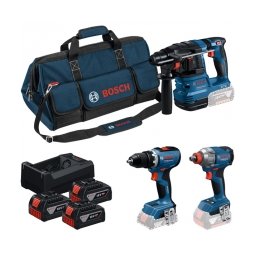 Pachet Bosch - GSR 18V-65 + GBH 18V-22 + GDX 18V-285 - Masina de gaurit si insurubat, 65 Nm + Rotopercutor SDS-Plus, 1.9 J + Masina de insurubat cu impact, patrat 1/2 inch si hexagon interior 1/4 inch, 285 Nm, M8-M18 + Set 3 acumulatori si incarcator, Li-