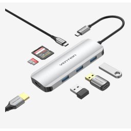 Statie de andocare Vention TOJHB, HDMI(M), 3xUSB 3.2 gen1, PD 100W, SD-TF dual card slot, conec prin USB-C(T), transf 5 Gbps, aliaj Al si ABS, 1 Gbit, 4K, 30Hz, Argintiu