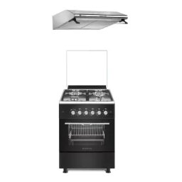 Marco Cuptor 4 arzatoare gaz 57 x 57 cm , Rotisor, Ventilator, Grill gaz, Aprindere electrica, Gratare fonta + Hota clasica Alfa Inox 60 cm, 2 motoare Negru