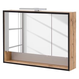 Max dulap baie oglinda LED, 80x66x16 cm, 3 usi oglinda, 3 rafturi sticla, PAL stejar country/negru, manere argintii - Verificat A · Re-Bloom