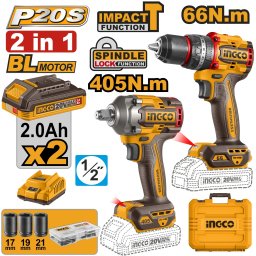 Bormasina 20V 66Nm cu Impact + Filetanta 20V 405Nm si Set 2 Acumulatori