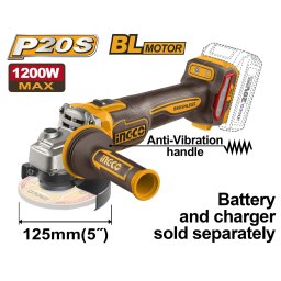 Polizor unghiular INGCO CAGLI212027E, 20 V brushless, disc 125 mm, maxim 1200 W, 3 viteze 3000/6000/9000 rpm, M14, fara acumulator, incarcator si disc