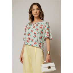 Bluza casual din viscoza verde menta cu imprimeuri roz si croi lejer