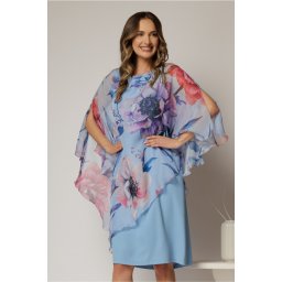 Rochie midi bleu eleganta cu capa din voal cu imprimeu floral
