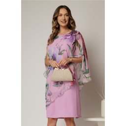 Rochie midi roz eleganta cu capa din voal cu imprimeu floral