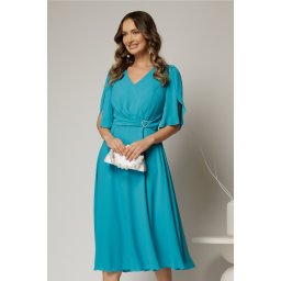 Rochie midi turcoaz din triplu voal cu decolteu in V