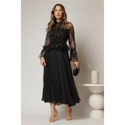 Rochie midi neagra de seara din voal plisat cu perle si paiete