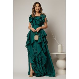 Rochie lunga verde de seara din voal cu volanase