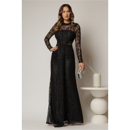 Rochie lunga neagra de seara din dantela cu crepeu pe fusta