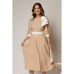 Rochie DY Fashion midi bej cu buline si funda ampla pe umar