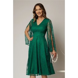 Rochie DY Fashion verde din dantela cu maneci lungi crapate si decolteu in V