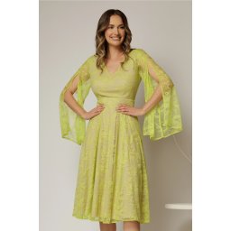 Rochie DY Fashion galben lime din dantela cu maneci lungi crapate si decolteu in V