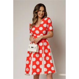 Rochie DY Fashion corai cu buline mari si pliuri ample in contrast