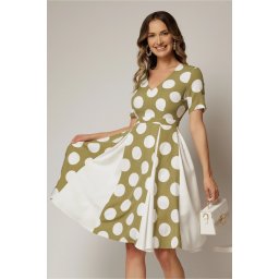 Rochie DY Fashion verde cu buline mari si pliuri ample in contrast