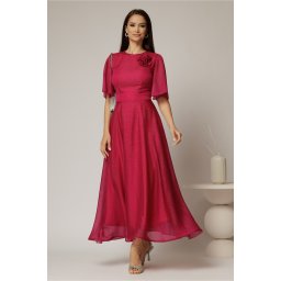 Rochie DY Fashion lunga magenta din voal cu fir lurex in clos cu accesoriu la bust