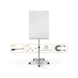 Flipchart mobil NOBO Brilliant, sticla, 100x70 cm, magnetic, include marker, tavita si magneti, alb