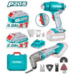 Set pistol de aer cald si unealta multifunctionala TOTAL 20V cu acumulatori 2Ah si 4Ah