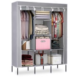 Dulap Textil Portabil pentru Haine si Accesorii cu 8 Rafturi si Suport Umerase, Cadru Metalic, Culoare Gri